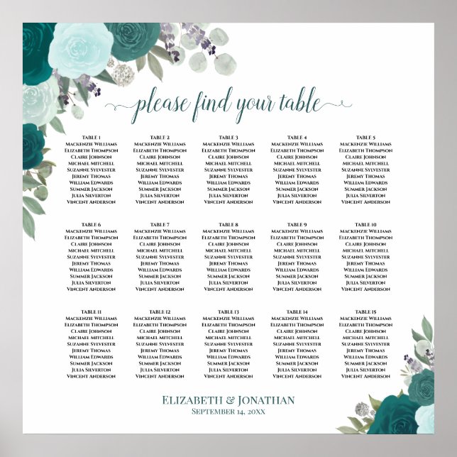 15 Tableau Élégant Rose Mariage Turquoise  (Devant)