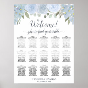 15-Tisch-Sitzplan in staubigem Blau-Grau mit Rosen Poster