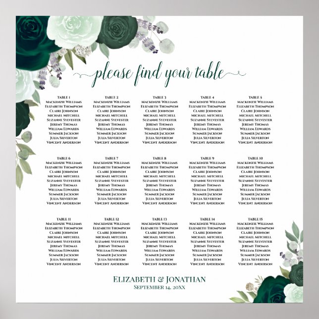 15-Tisch-Sitzplan Smaragdrosen Chic Hochzeit Poster (Vorne)