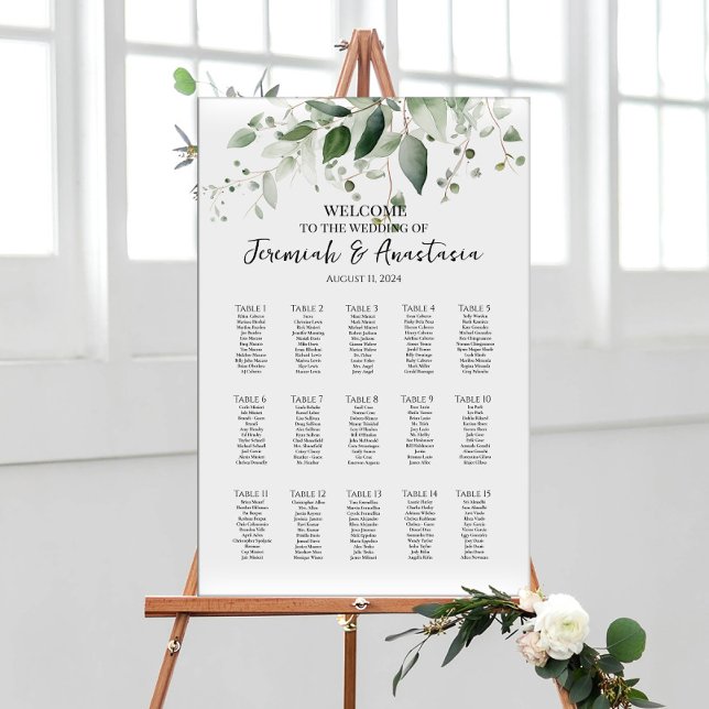 15 Tische elegante Grünpflanzen Hochzeitskarte Poster (Von Creator hochgeladen)