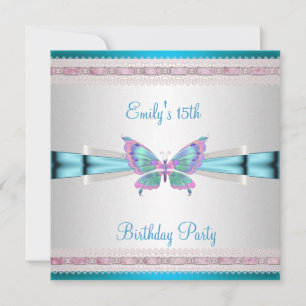 15. Weiß Teal Blau Pink Schmetterling Geburtstag Einladung