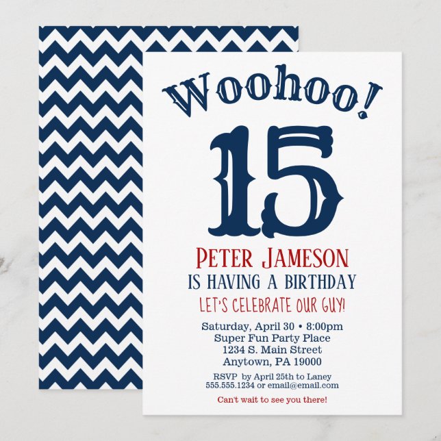 15e anniversaire Invitation Ado Garçon Marine Bleu (Devant / Derrière)