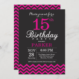 15e anniversaire Invitation Black and Hot Pink