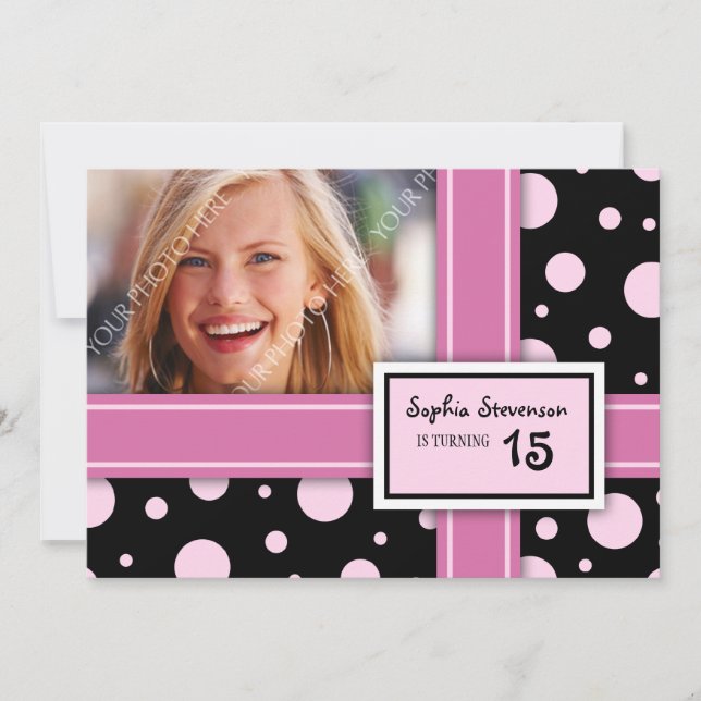 15e anniversaire Invitation Dots noirs roses (Devant)