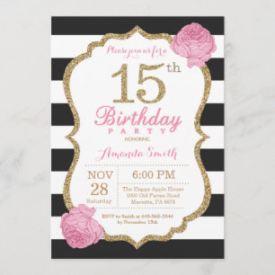 15e anniversaire Invitation Pink Black Gold Floral