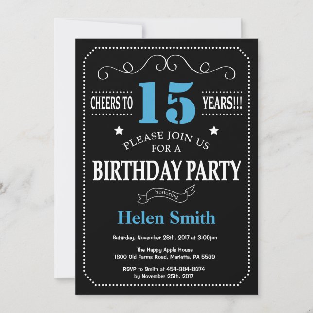 15e anniversaire Invitation Tableau noir et bleu (Devant)