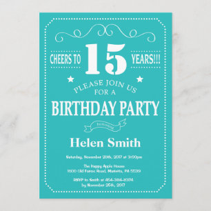 15e anniversaire Invitation Turquoise et blanche