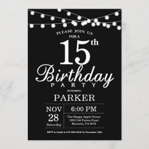 15e Invitation d'anniversaire Noir et blanc