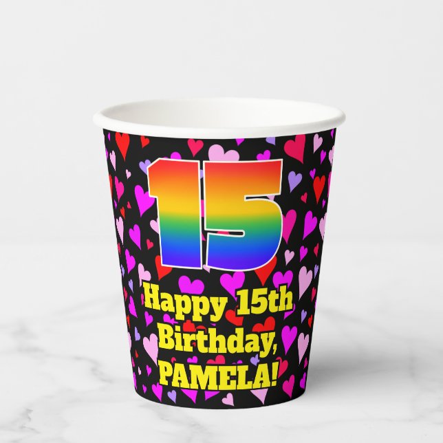 15th Birthday: Loving Hearts Pattern, Rainbow 15 Pappbecher (Vorderseite)