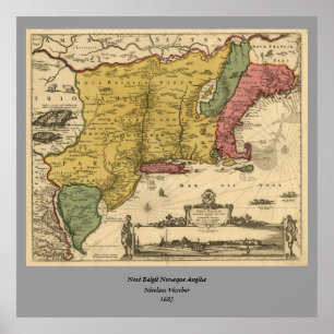 1685 Map - New Belgium, The New World, New England Poster
