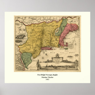 1685 Map - New Belgium, The New World, New England Poster