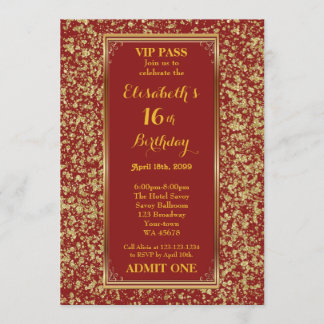 16., 16. Geburtstag, Glitzer Rot, Ticket, Rotes Go Einladung