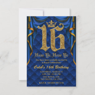 16. 16. Geburtstagsparty Königlich Blau Goldene Kr Einladung
