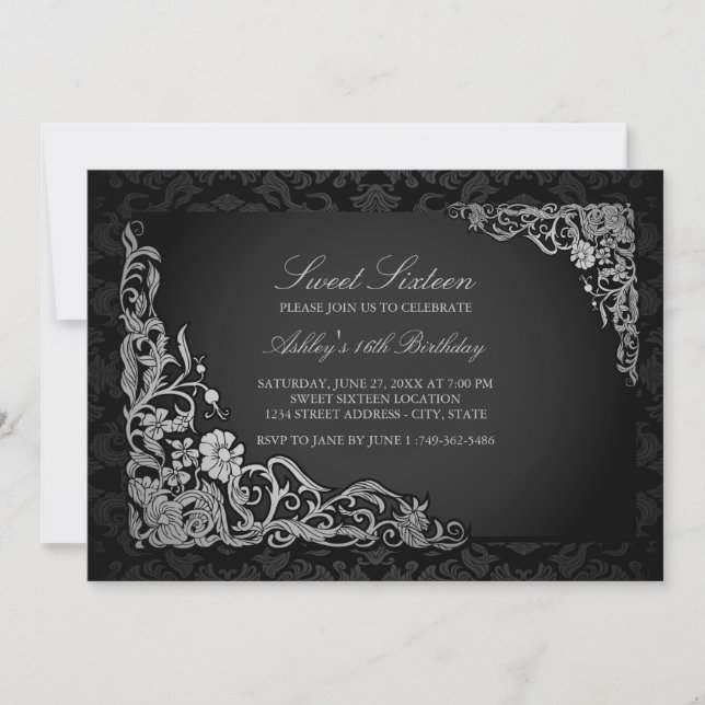 16 ans | Invitation Argent Floral Damask (Devant)