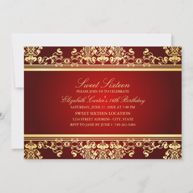 16 ans | Invitation élégante Red & Gold Damask (Devant)