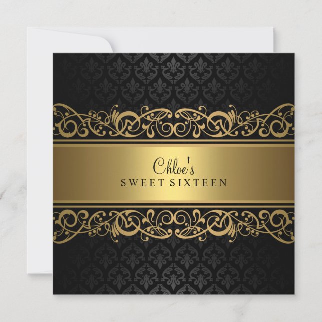 16 ans | Invitation Gold & Black Damask (Devant)