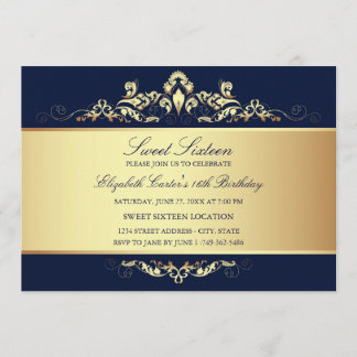 16 ans | Invitation Royal Blue & Gold Damask