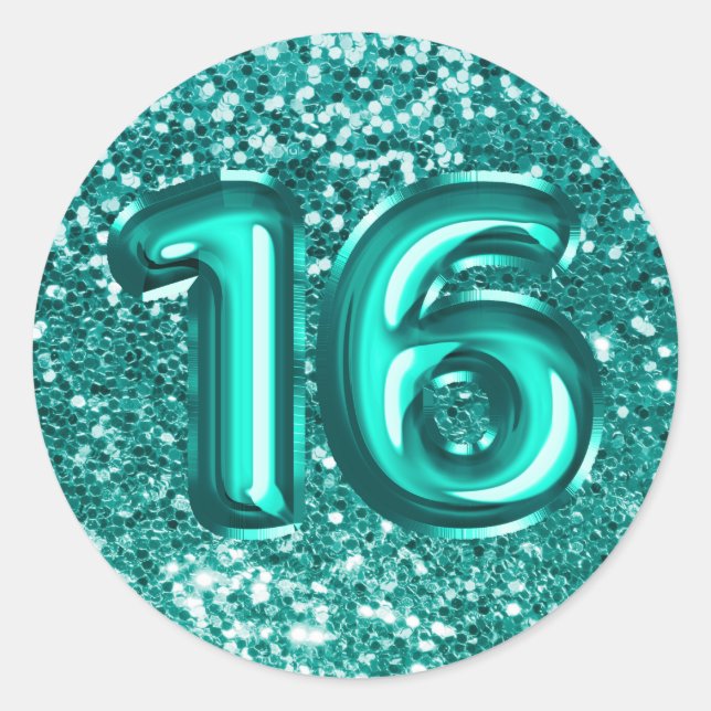 16 Aquamarin Foil Balloons Funkelnd Chunky Glitzer Runder Aufkleber (Vorderseite)