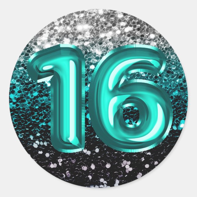 16 Aquamarine Foil Balloons Funkelnd Multi Glitzer Runder Aufkleber (Vorderseite)