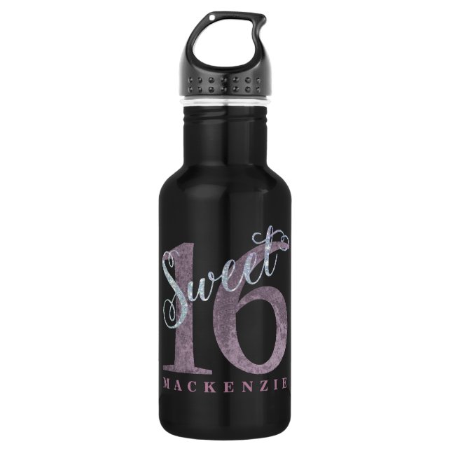 16. Dusty Pink Rose | Sweet 16 Silver Glitzer | Trinkflasche (Vorderseite)
