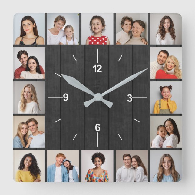 16 Foto Collage Dunkelgraue Holzzaun Quadratische Wanduhr (Vorderseite)