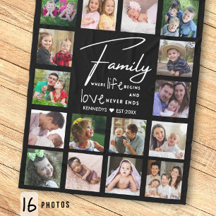 16 Foto-Collage Familienname Zitat Schwarz-Weiß Fleecedecke