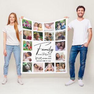 16 Foto-Collage Familienzitat Name Schwarz-Weiß Fleecedecke