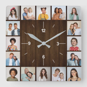 16 Foto-Collage Rustikaler dunkelbrauner Holzzaun Quadratische Wanduhr
