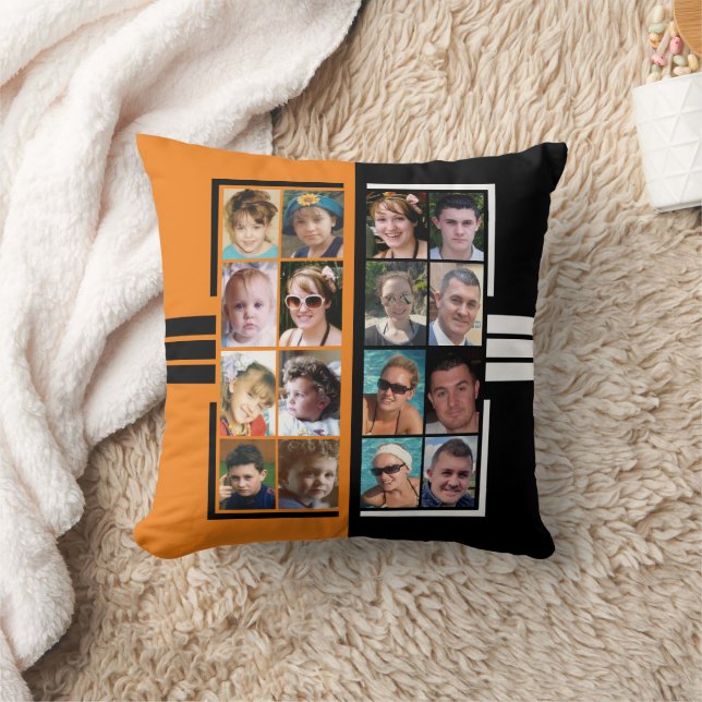 16-Foto-Collage schwarz, beidseitig orange Kissen (Decke)