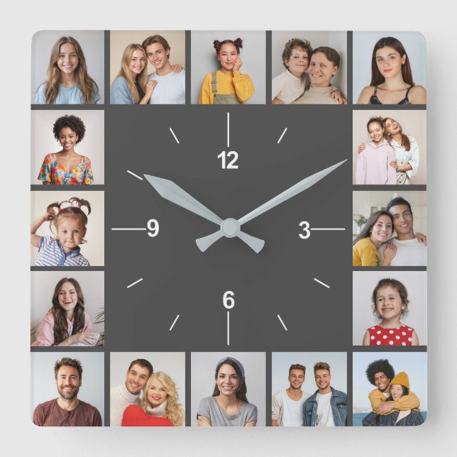 16 FotoCollage grau und weiß Quadratische Wanduhr (Vorderseite)