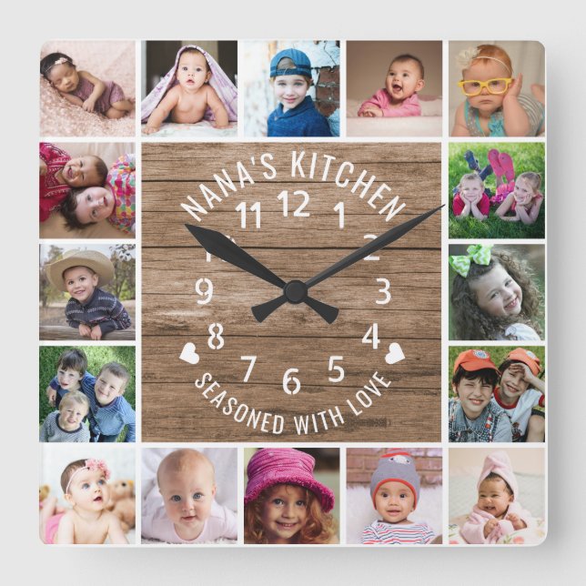 16 Fotomaterial Rahmen Rustikales Holz Nana Küche Quadratische Wanduhr (Vorderseite)