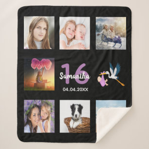 16. Geburtstag 16 Foto Collage Mädchen schwarz Sherpadecke