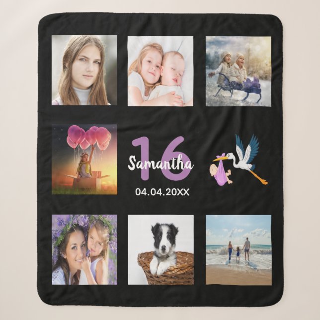 16. Geburtstag 16 Foto Collage Mädchen schwarz Sherpadecke (Vorderseite)