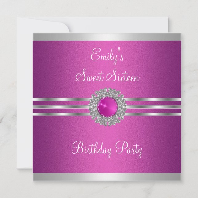16 . Geburtstag 16 Fuschia Silver Jewel Geburtstag Einladung (Vorderseite)