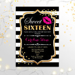 16. Geburtstag - 16 . Geburtstag Black Pink Gold Einladung<br><div class="desc">16 . Geburtstag Einladung zum Geburtstag. Elegantes Schwarz-weißes Design mit Imitate Glitzer Gold. Verfügt über rosa Lippen Kuss,  Schwarz-weiße Streifen,  Konfetti und Skript-Schriftart. Ideal für eine stilvolle 16. Geburtstagsfeier. Nachricht,  wenn Sie weitere Anpassungen benötigen.</div>