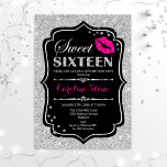 16. Geburtstag - 16 . Geburtstag Black Pink Silver Einladung<br><div class="desc">16 . Geburtstag Einladung zum Geburtstag. Elegantes Schwarz-weißes Design mit Imitaten Glitzer Silber. Enthält rosa Lippen Kuss,  Konfetti und Script-Schriftart. Ideal für eine stilvolle 16. Geburtstagsfeier. Nachricht,  wenn Sie weitere Anpassungen benötigen.</div>