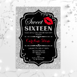 16. Geburtstag - 16 . Geburtstag Black Red Silver Einladung<br><div class="desc">16 . Geburtstag Einladung zum Geburtstag. Elegantes Schwarz-weißes Design mit Imitaten Glitzer Silber. Enthält rote Lippen Kuss,  Konfetti und Skript-Schriftart. Ideal für eine stilvolle 16. Geburtstagsfeier. Nachricht,  wenn Sie weitere Anpassungen benötigen.</div>