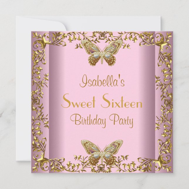 16 . Geburtstag 16 Geburtstag Pink Gold Butterfly Einladung (Vorderseite)