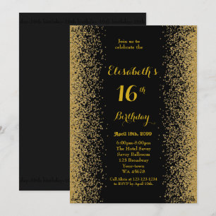 16., Geburtstag 16., Glitzer, schwarzes Gold Einladung