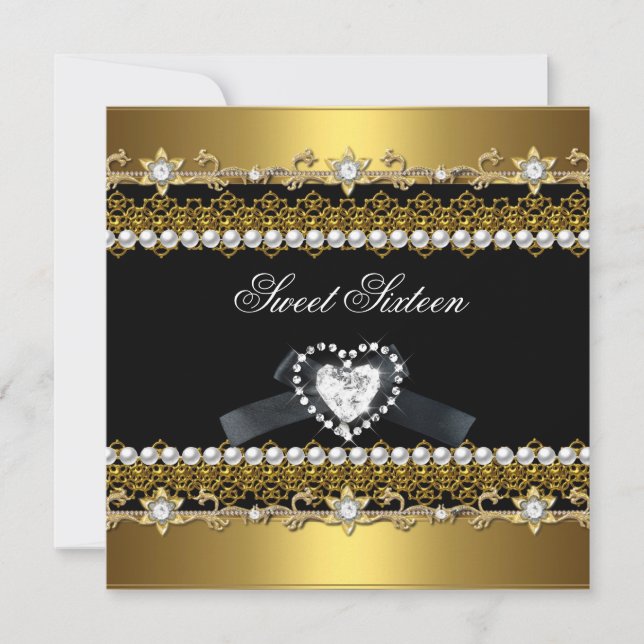 16 . Geburtstag 16 Gold Black Pearl Diamond Einladung (Vorderseite)