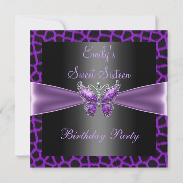 16 . Geburtstag 16 Lila Mauve Black Butterfly Einladung (Vorderseite)