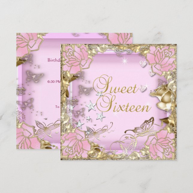 16 . Geburtstag 16 Pink Gold Floral Einladung (Vorne/Hinten)