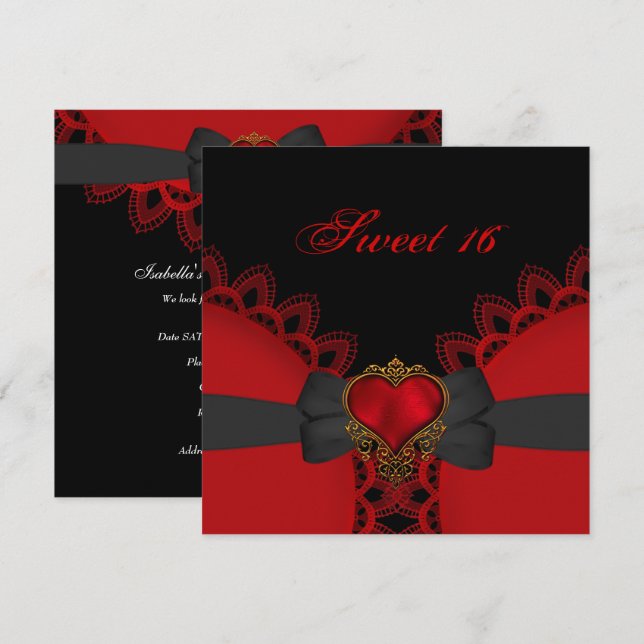 16 . Geburtstag 16 Red Black Lace Herzgotik Einladung (Vorne/Hinten)