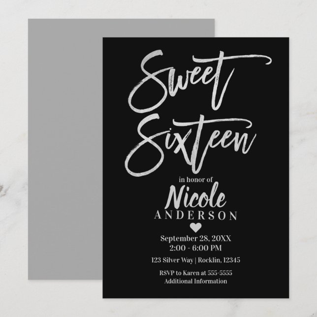 16 . GEBURTSTAG 16 Silver Gray Foil & Black Modern Einladung (Vorne/Hinten)