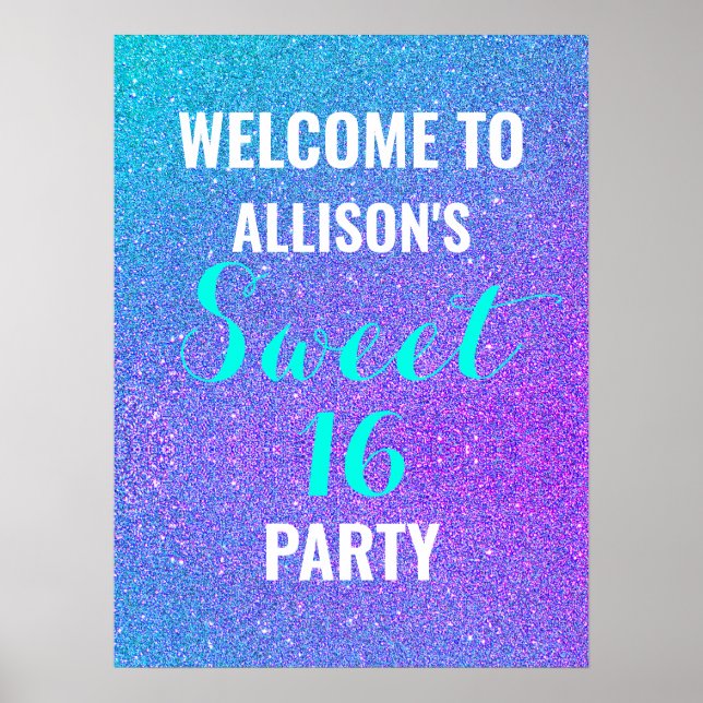 16 . Geburtstag Aquamariner Lila Glitzer Begrüßung Poster (Vorne)