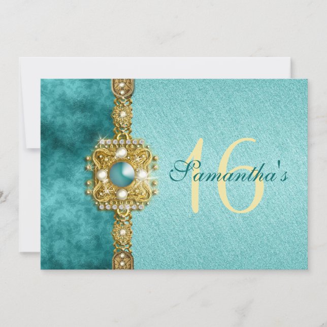 "16 . Geburtstag" aquamarines Gold 16 Geburtstag Einladung (Vorderseite)