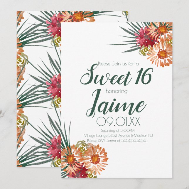 16 . Geburtstag Aquarell Blumengrün Einladung (Vorne/Hinten)