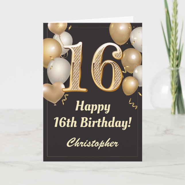 16. Geburtstag Black and Gold Balloons Confetti Karte (Vorderseite)