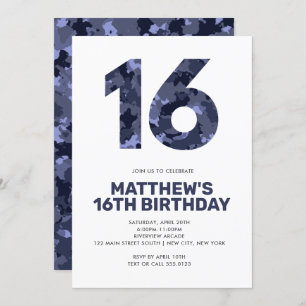 16. Geburtstag, Blaue Camouflage Personalisierter Einladung