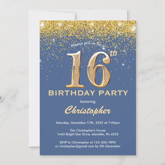 16. Geburtstag Blue and Gold Glitzer Confetti Einladung (Vorderseite)